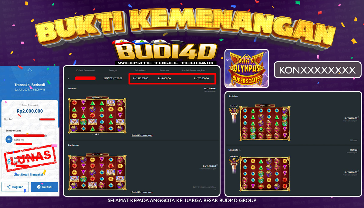 BUDI4D JACKPOT SLOT PRAGMATIC GATES OF OLYMPUS SUPER SCATTER Rp.2.000.000,- LUNAS